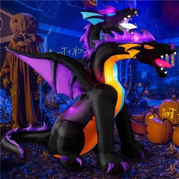 Halloween Inflatable 7 FT Tall Giant 2 Headed Dragon Built-in Flashing LEDs - Picture 1 of 5